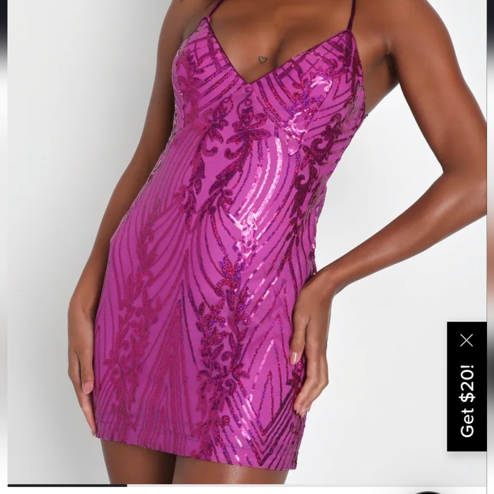 Sequin V-Neck Spaghetti Strap Mini Dress - Fuchsia